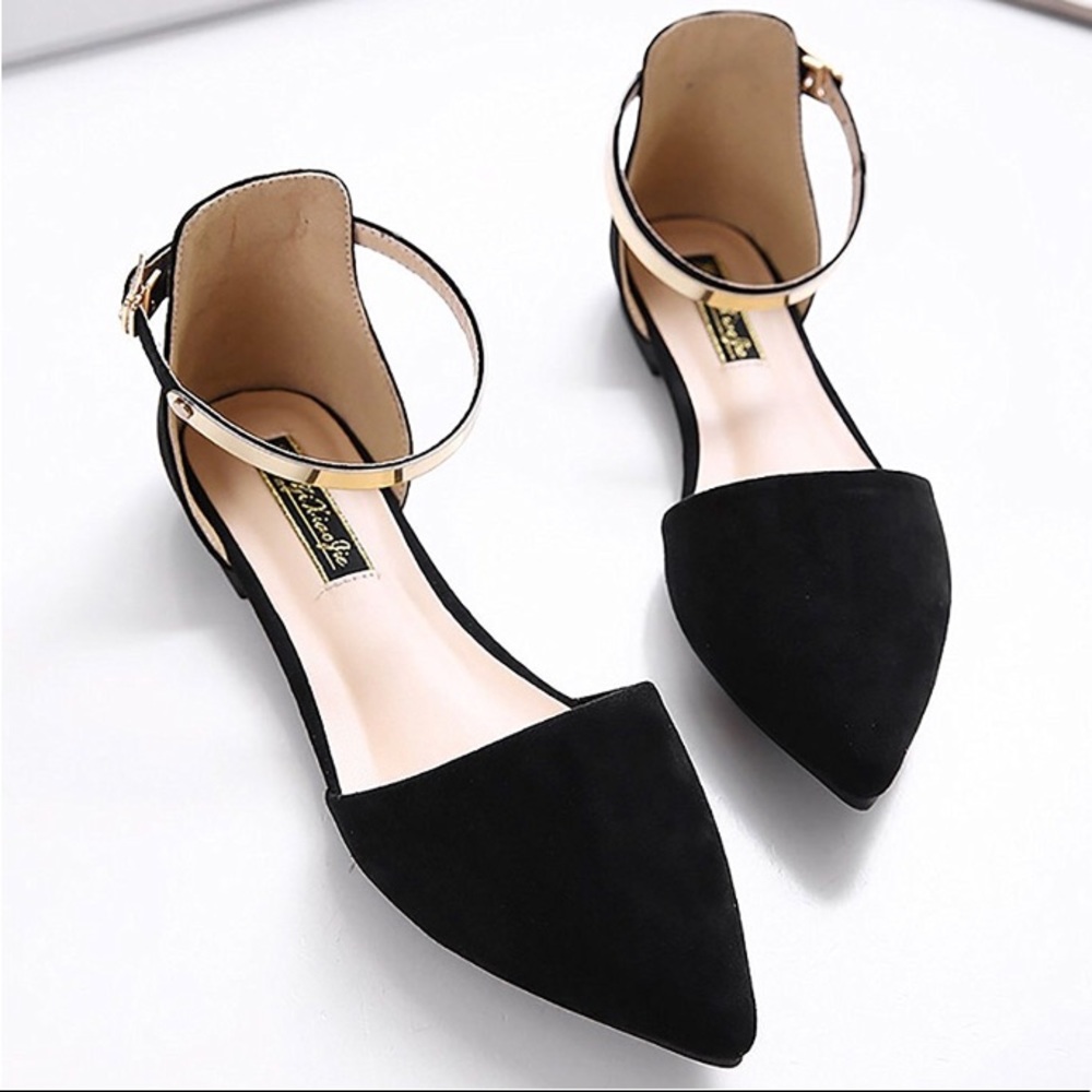 New Black Pointy Toe Ankle Strap Flats